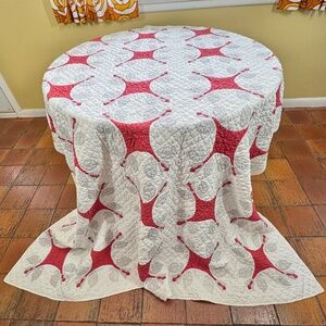 Vintage 70s hand stitched quilt, red, white and grey, full size, flawed, AS IS